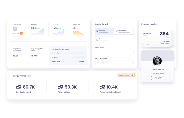 Vantage Circle recognition analytics dashboard showing badges, awards, and top awarding managers